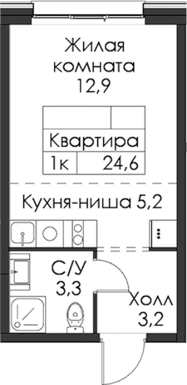 Квартира студия 24.6 м², 7/8 эт., ЖК «Шкиперский 19»
